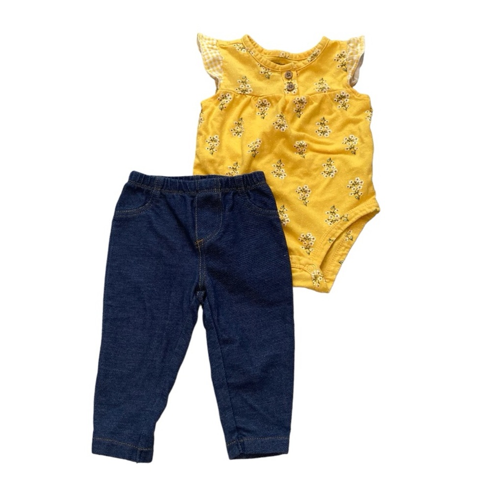 Carter's 2 Piece Set - Yellow Floral Bodysuit & Faux Denim Leggings (Size 6M)